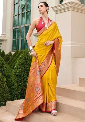 Mustard Yellow Woven Design Poly Blend Saree Set With Blouse
