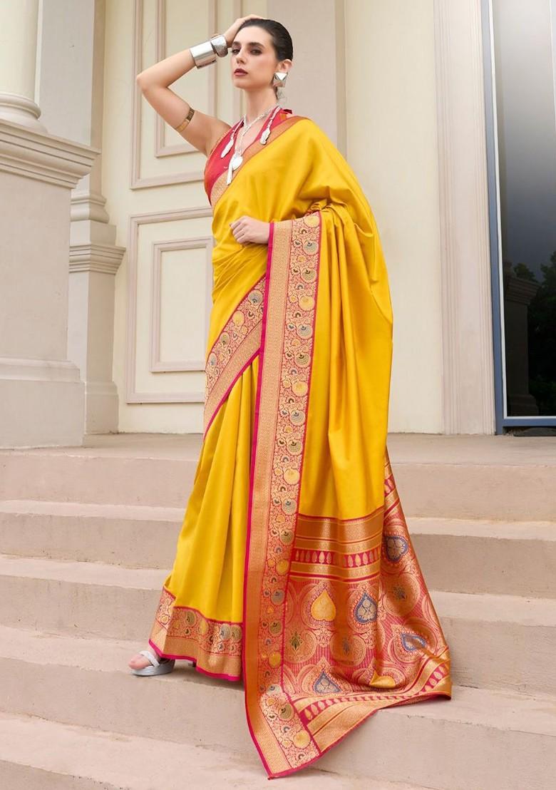 Mustard Yellow Woven Design Poly Blend Saree Set With Blouse
