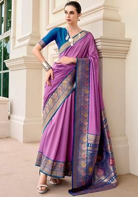 Purple Woven Design Poly Blend Saree Set With Blouse