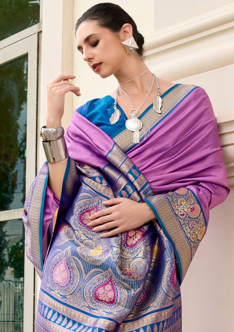 Purple Woven Design Poly Blend Saree Set With Blouse