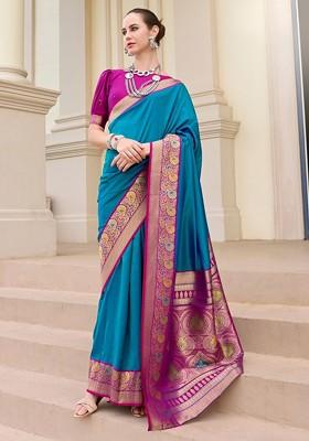 Blue Woven Design Poly Blend Saree Set With Blouse