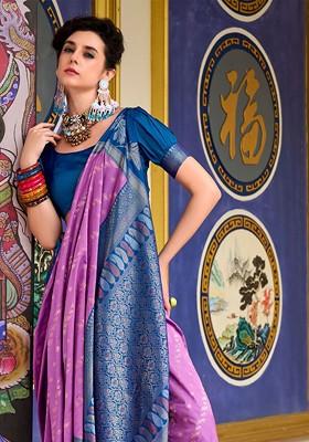 Purple Embroidered Poly Blend Saree Set With Blouse