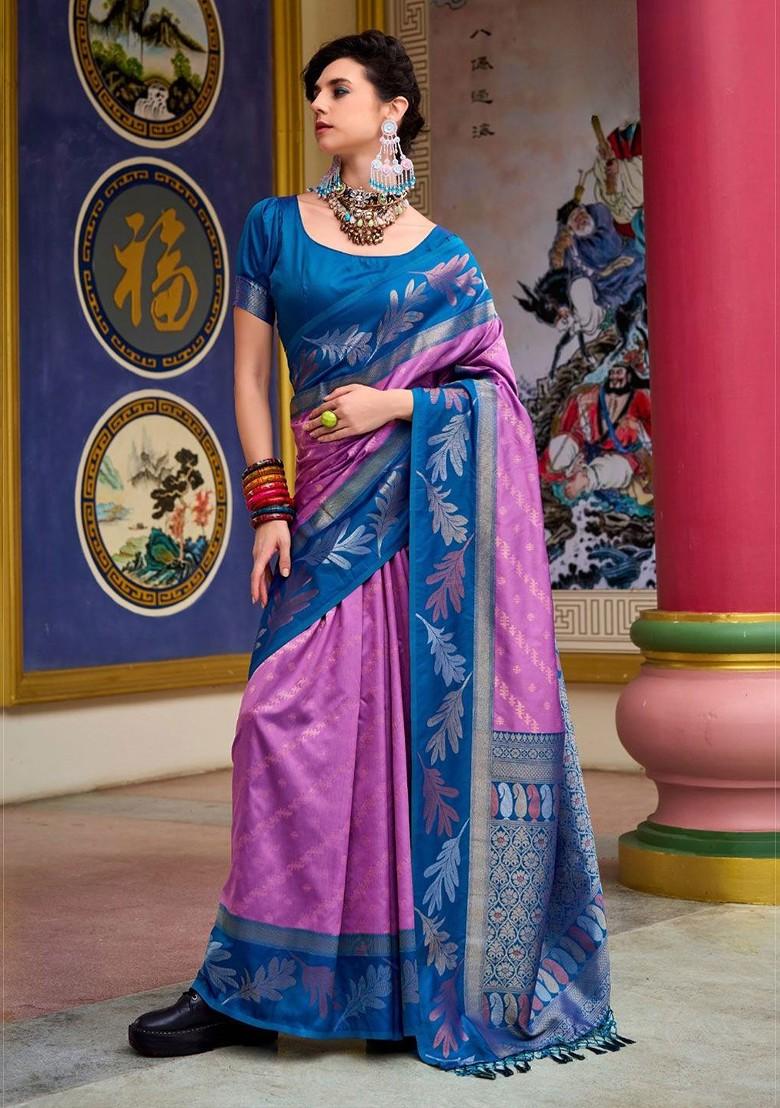 Purple Embroidered Poly Blend Saree Set With Blouse