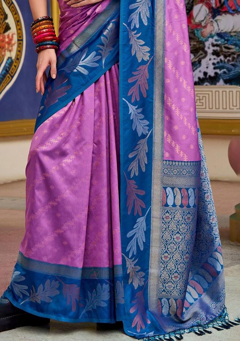 Purple Embroidered Poly Blend Saree Set With Blouse