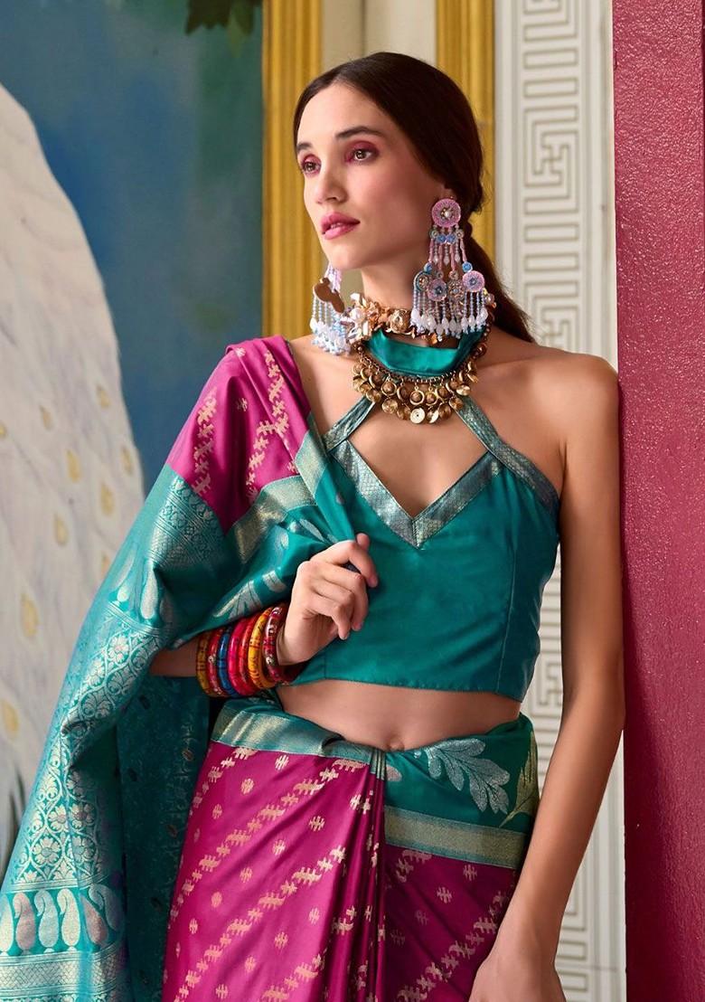 Burgundy Embroidered Poly Blend Saree Set With Blouse