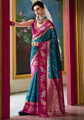 Teal Green Embroidered Poly Blend Saree Set With Blouse