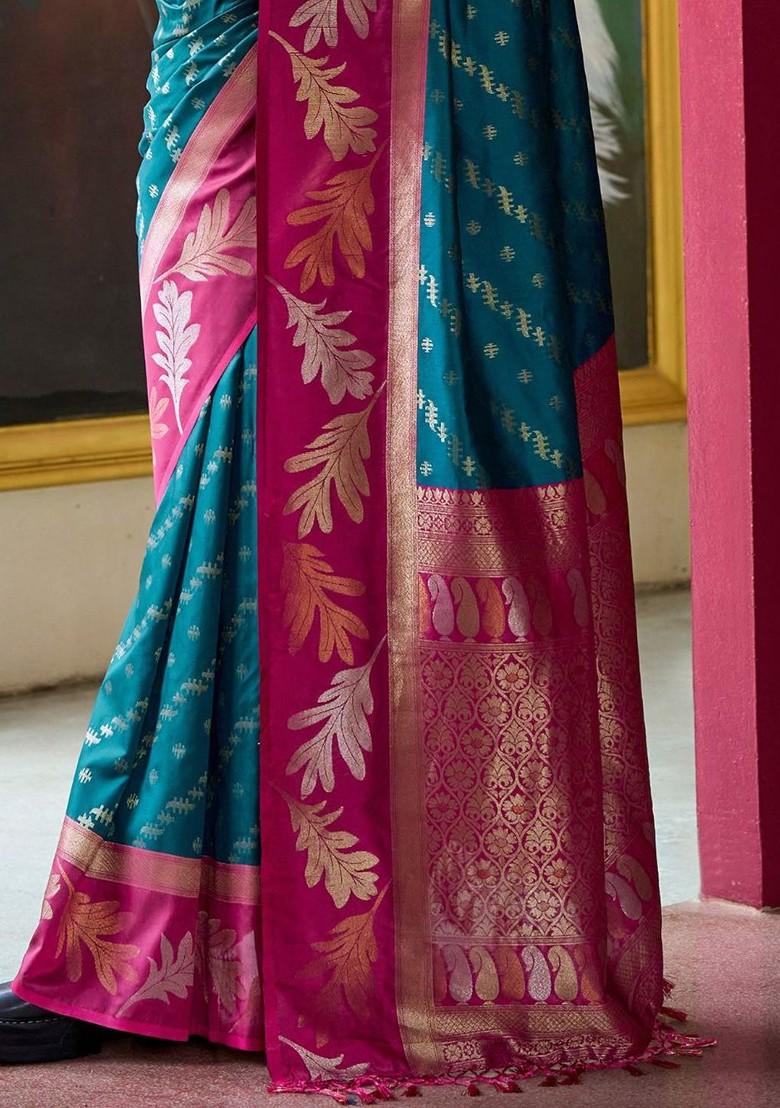 Teal Green Embroidered Poly Blend Saree Set With Blouse