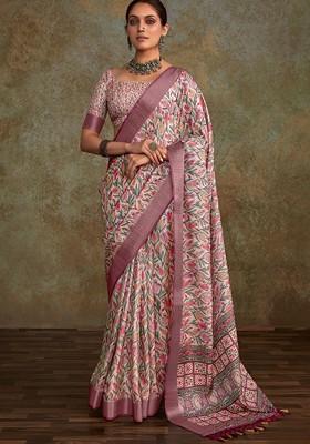 Pink Embroidered Poly Blend Saree Set With Blouse