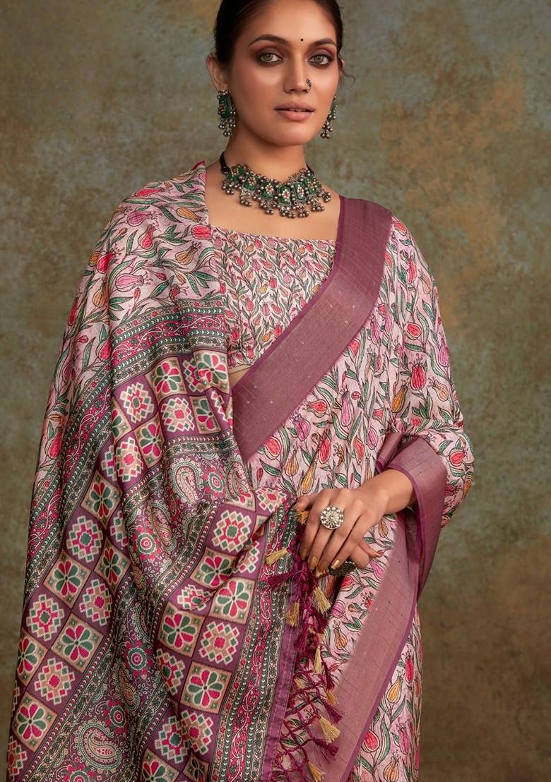 Pink Embroidered Poly Blend Saree Set With Blouse