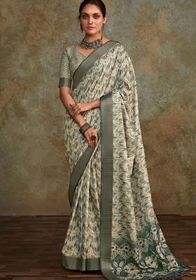 Off White Embroidered Poly Blend Saree Set With Blouse