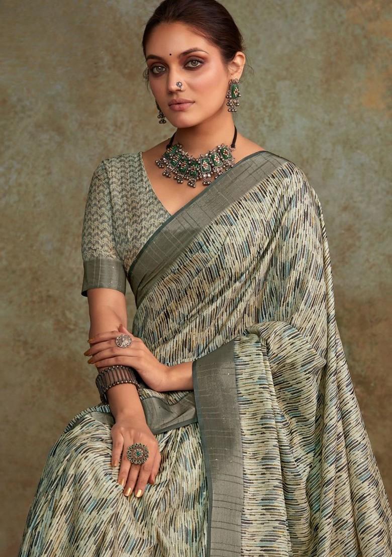 Off White Embroidered Poly Blend Saree Set With Blouse