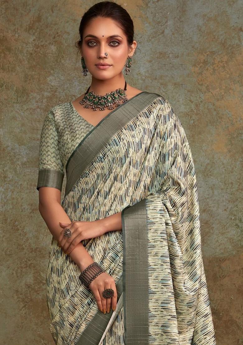 Off White Embroidered Poly Blend Saree Set With Blouse