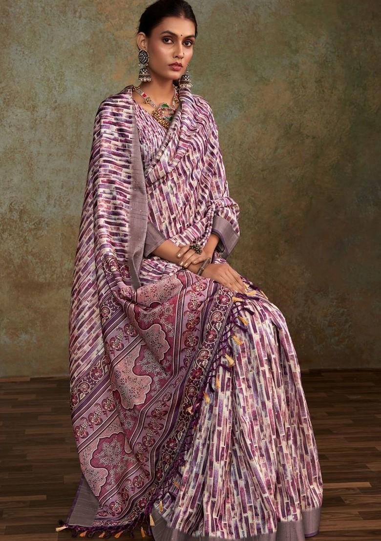 Purple Embroidered Poly Blend Saree Set With Blouse