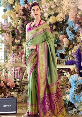 Green Woven Design Poly Blend Saree Set With Blouse