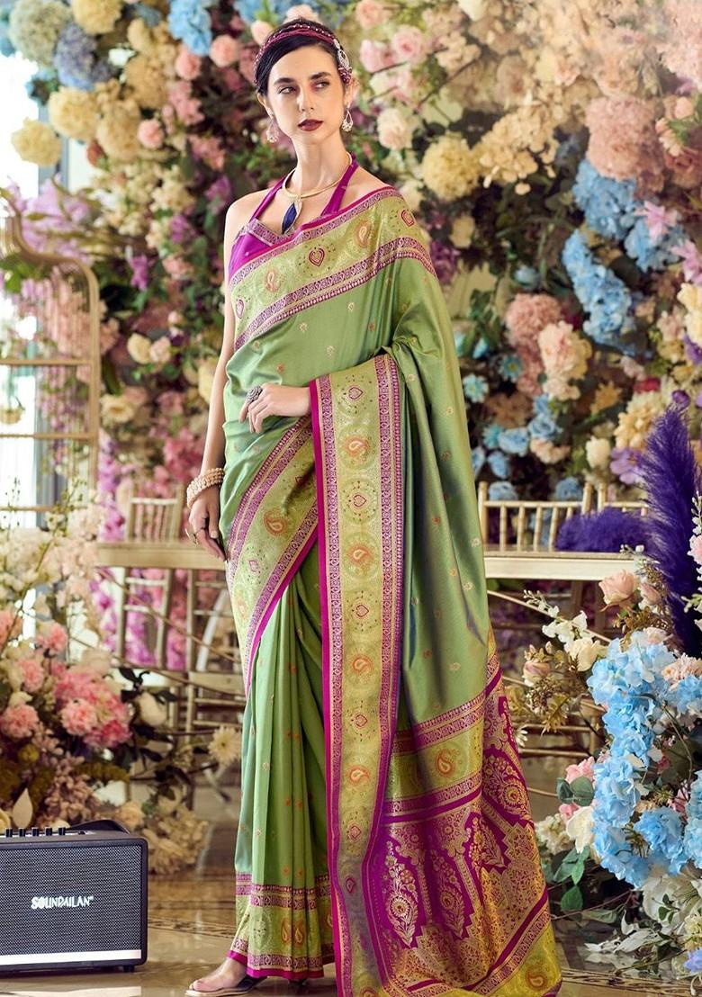 Green Woven Design Poly Blend Saree Set With Blouse