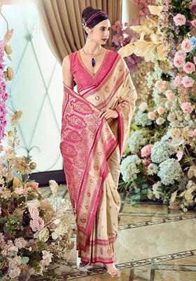 Beige Woven Design Poly Blend Saree Set With Blouse