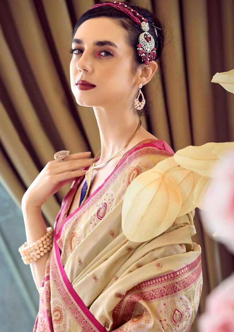 Beige Woven Design Poly Blend Saree Set With Blouse