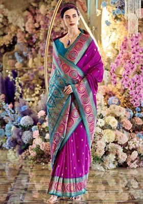Purple Embroidered Poly Blend Saree Set With Blouse