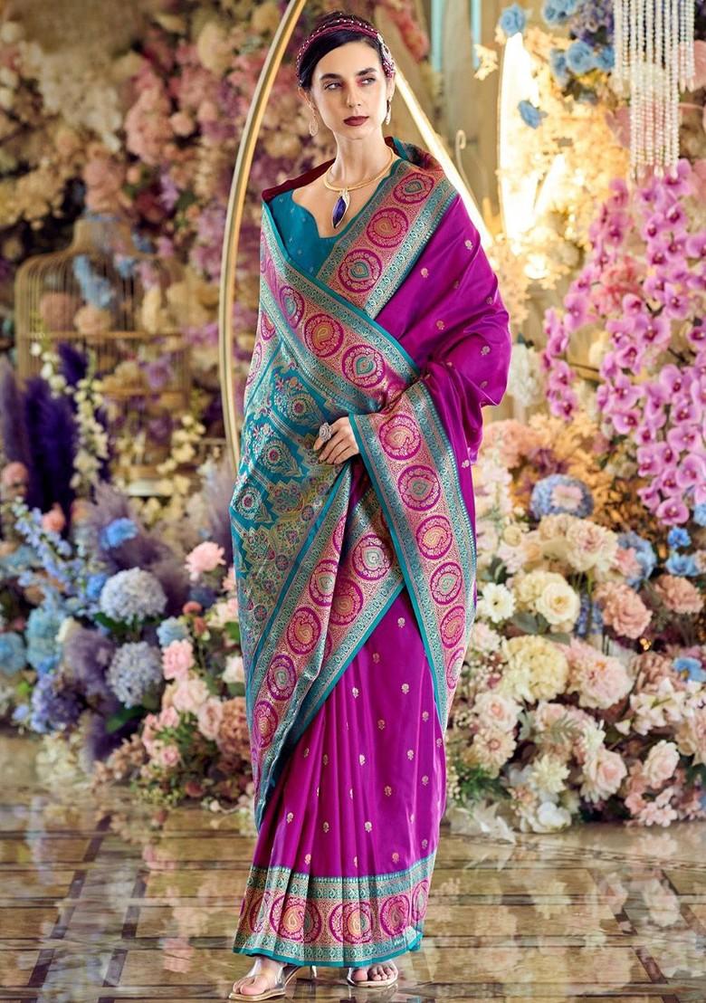 Purple Embroidered Poly Blend Saree Set With Blouse