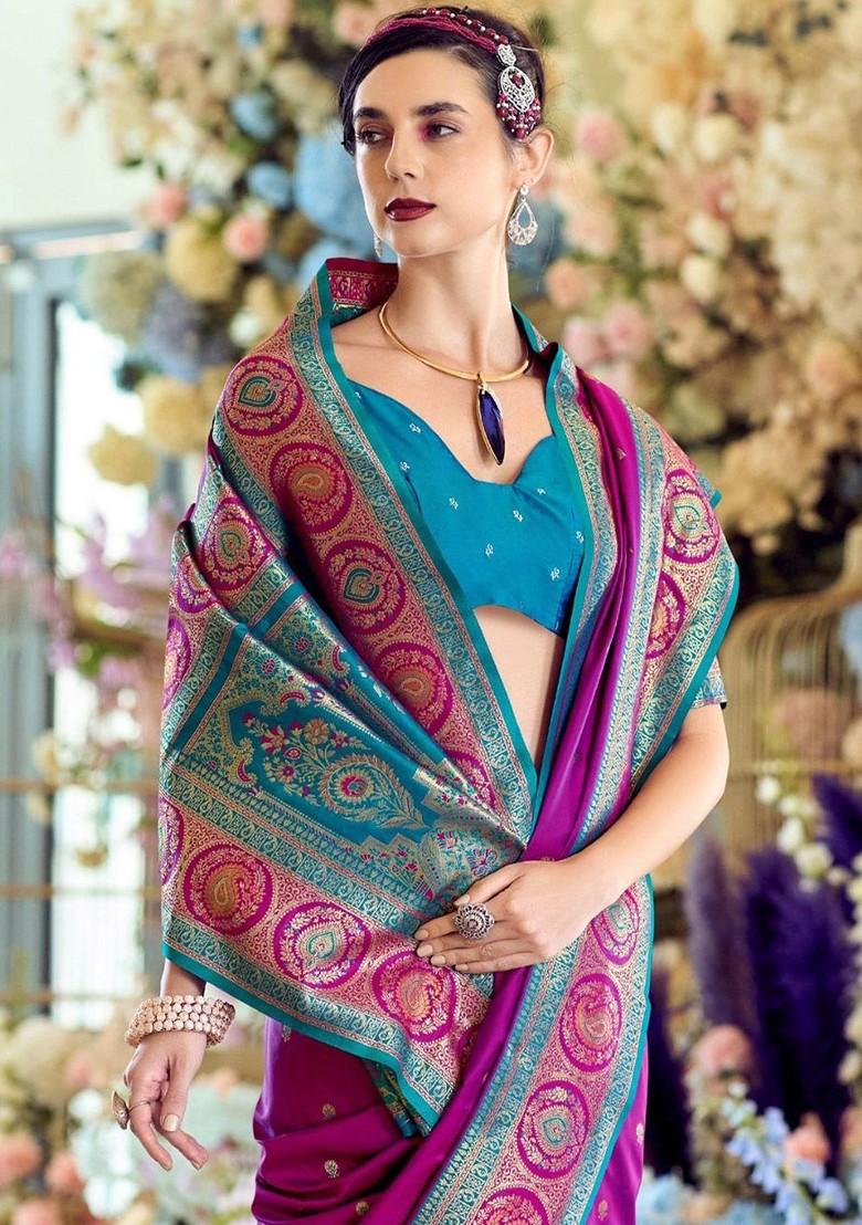 Purple Embroidered Poly Blend Saree Set With Blouse
