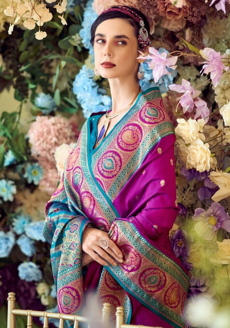 Purple Embroidered Poly Blend Saree Set With Blouse