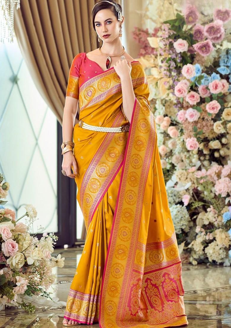 Mustard Yellow Embroidered Poly Blend Saree Set With Blouse