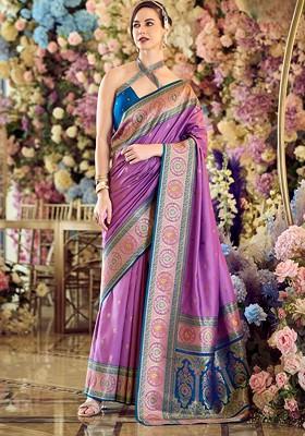 Purple Embroidered Poly Blend Saree Set With Blouse