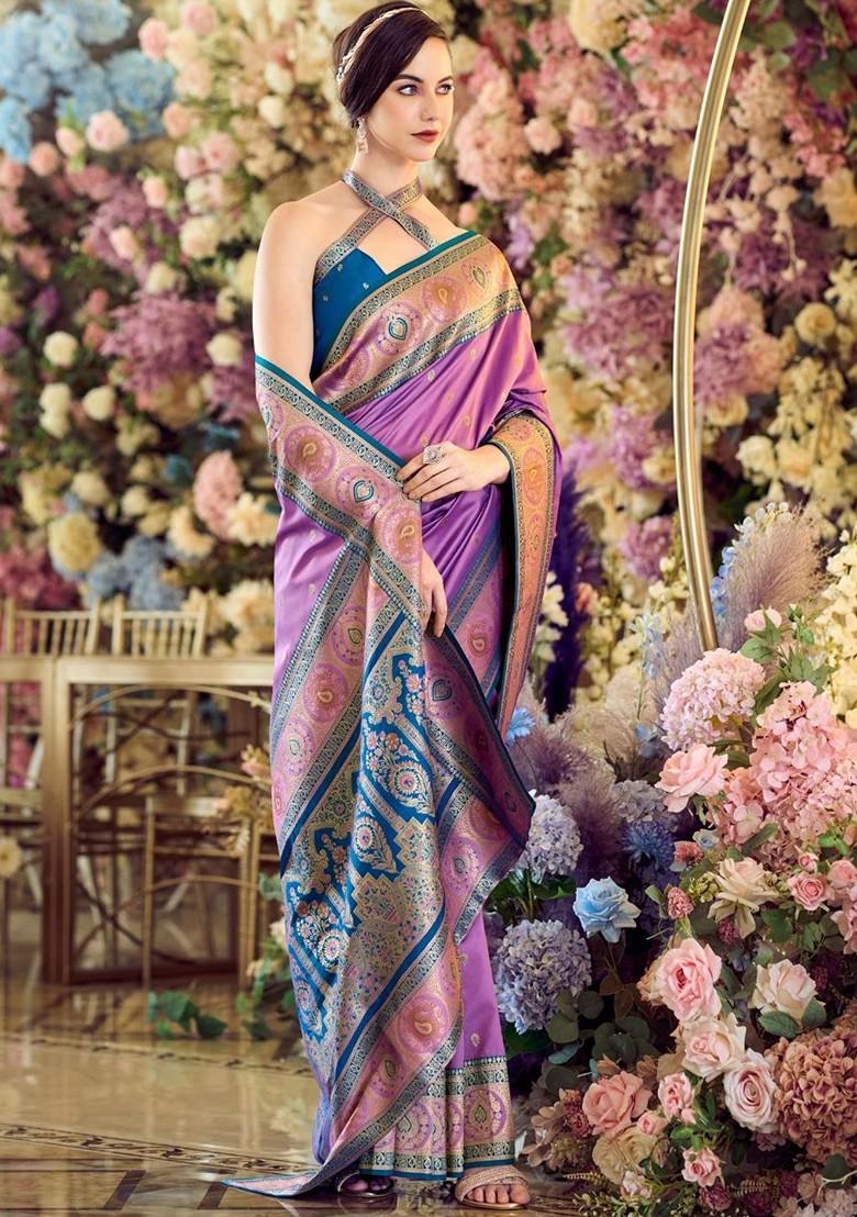 Purple Embroidered Poly Blend Saree Set With Blouse