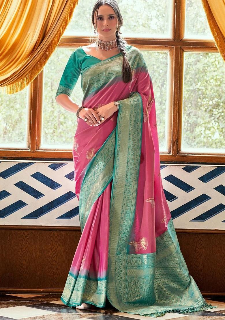Pink Woven Design Poly Blend Saree Set With Blouse
