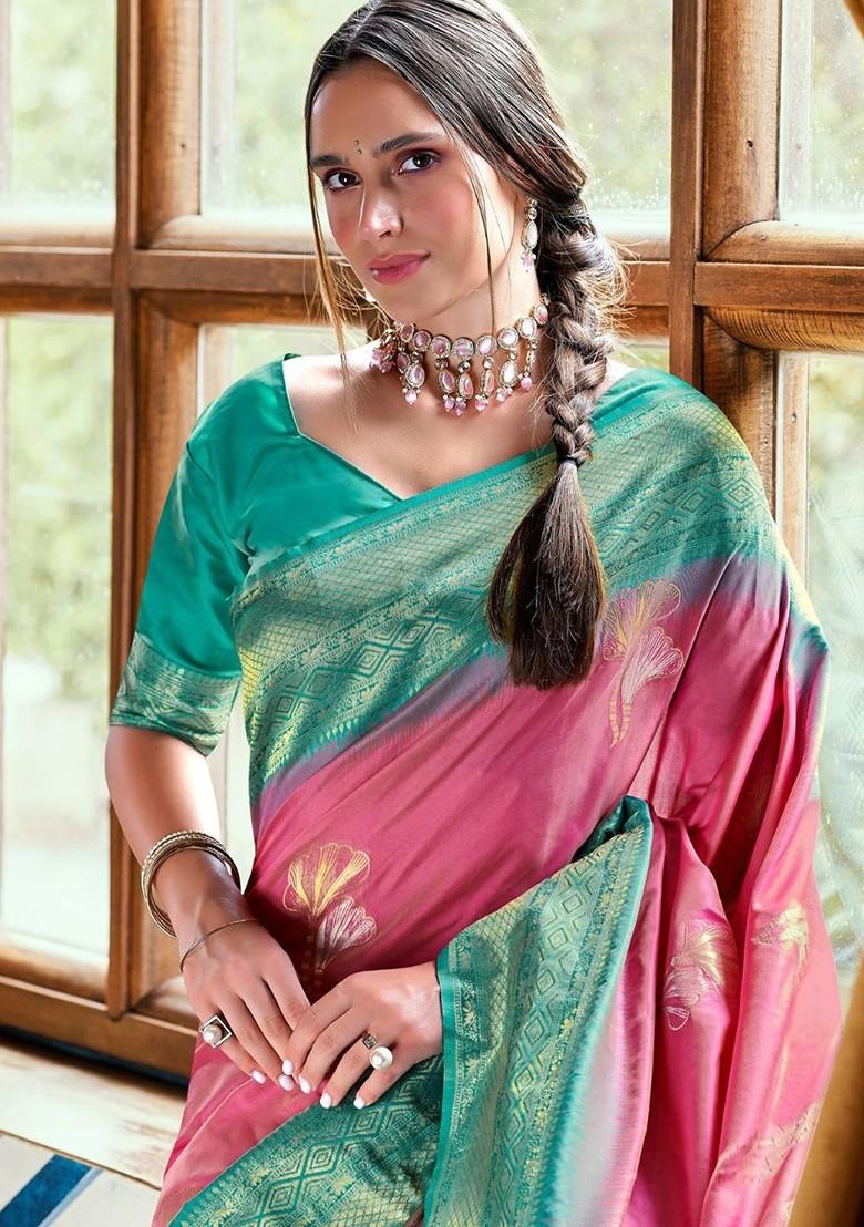 Pink Woven Design Poly Blend Saree Set With Blouse