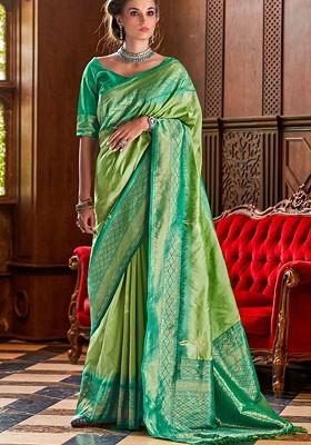 Green Woven Design Poly Blend Saree Set With Blouse