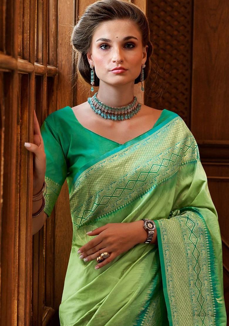 Green Woven Design Poly Blend Saree Set With Blouse