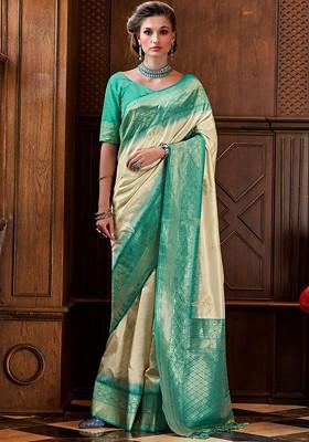 Off White Embroidered Poly Blend Saree Set With Blouse