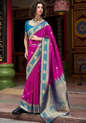 Purple Woven Design Poly Blend Saree Set With Blouse