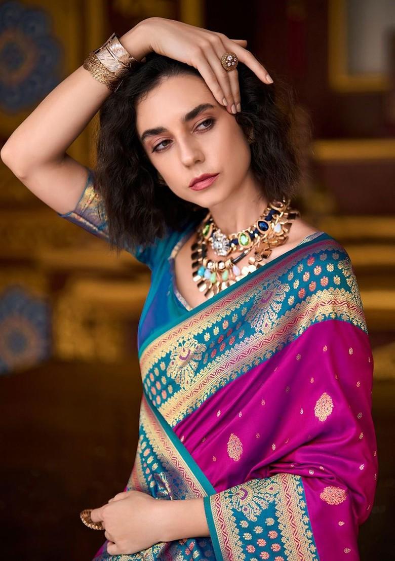 Purple Woven Design Poly Blend Saree Set With Blouse