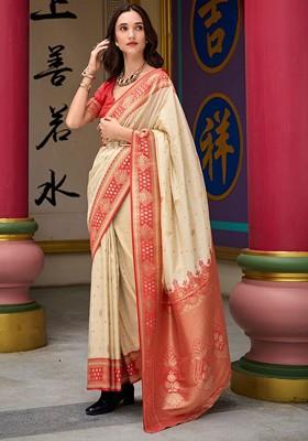 Cream Woven Design Poly Blend Saree Set With Blouse