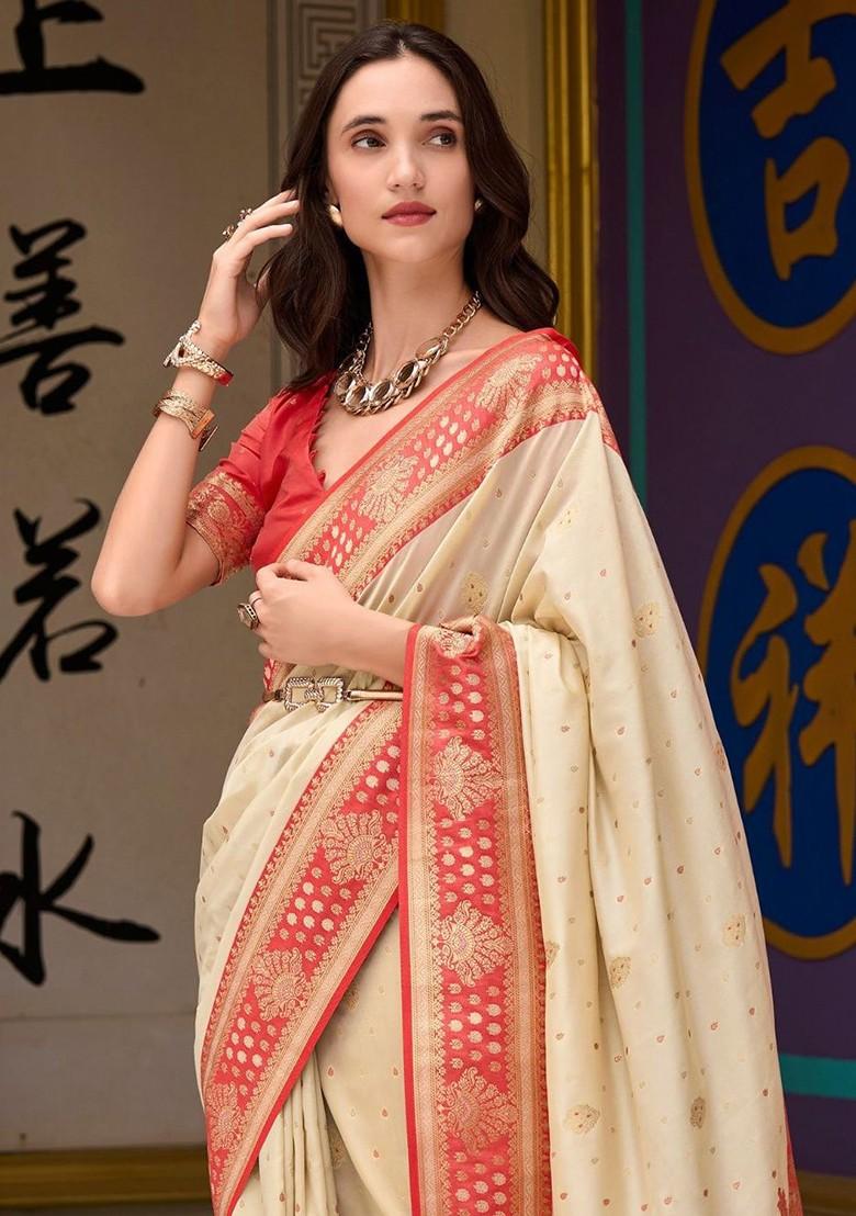 Cream Woven Design Poly Blend Saree Set With Blouse