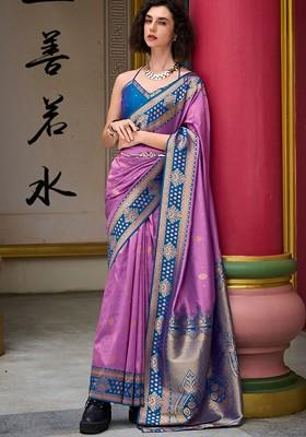Lavender Woven Design Poly Blend Saree Set With Blouse