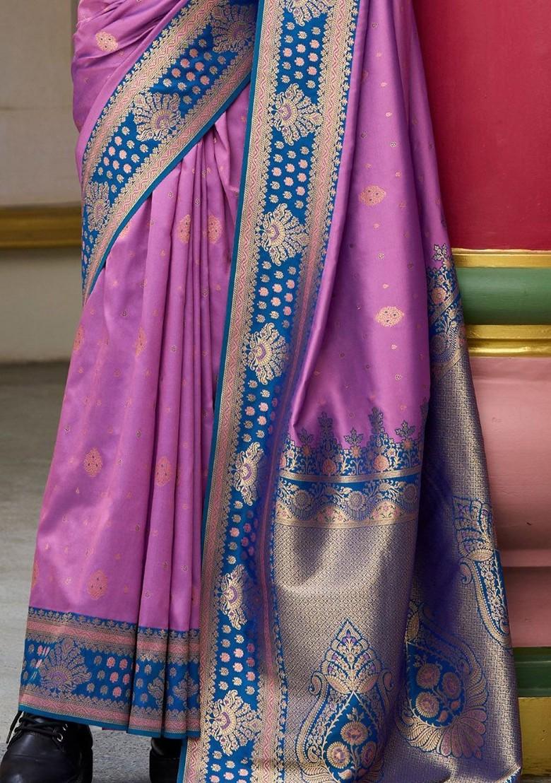 Lavender Woven Design Poly Blend Saree Set With Blouse