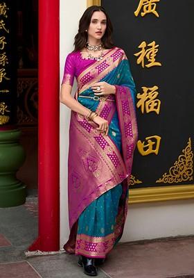 Blue Woven Design Poly Blend Saree Set With Blouse