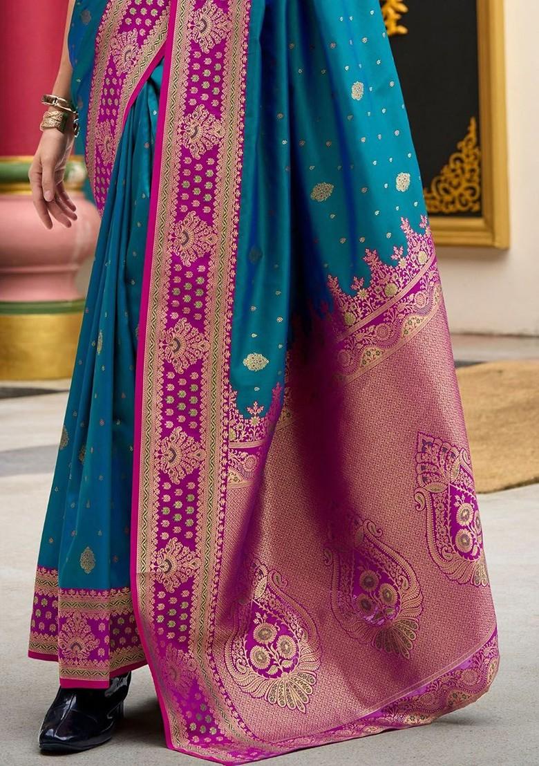 Blue Woven Design Poly Blend Saree Set With Blouse
