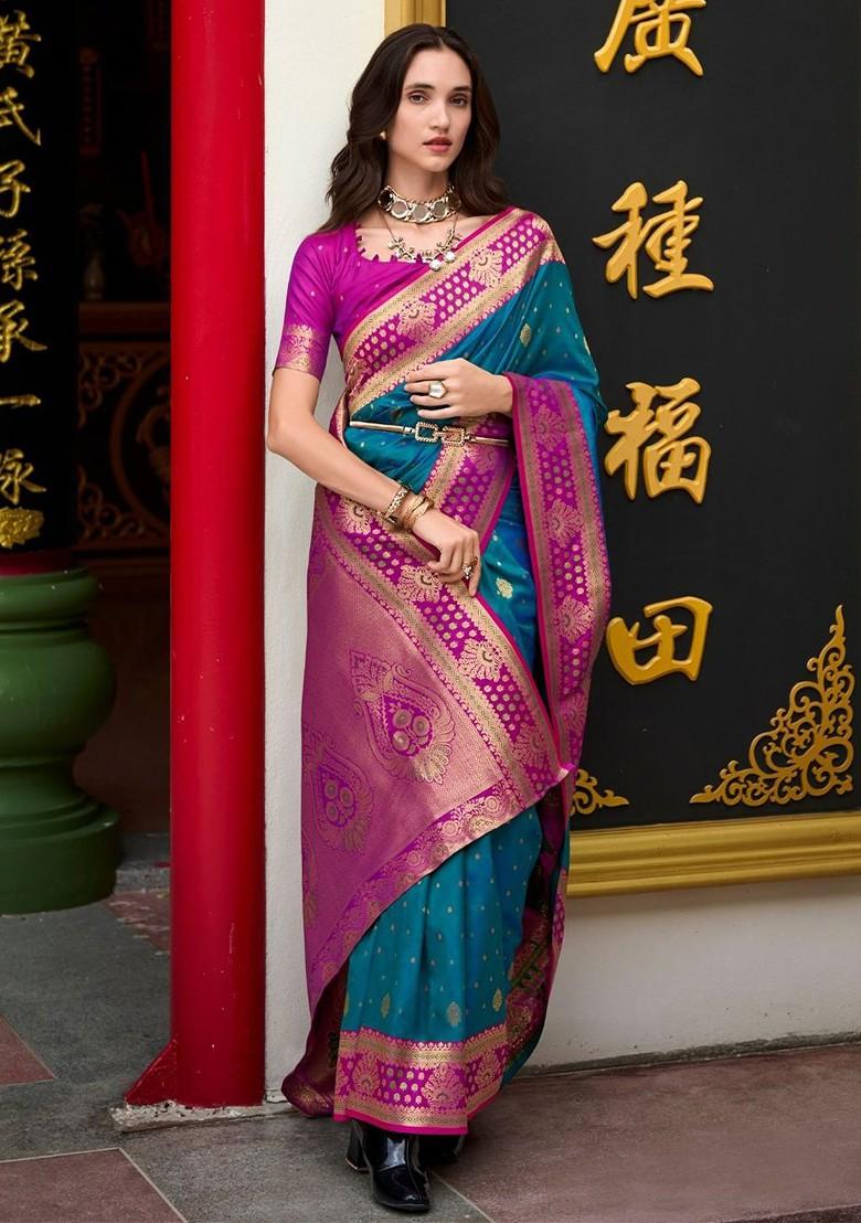 Blue Woven Design Poly Blend Saree Set With Blouse