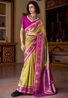 Mustard Yellow Woven Design Poly Blend Saree Set With Blouse