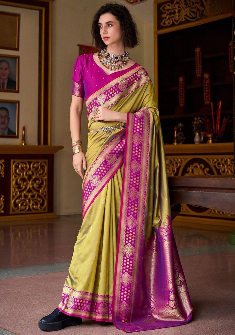 Mustard Yellow Woven Design Poly Blend Saree Set With Blouse