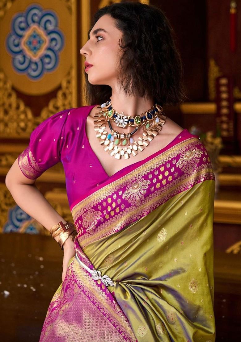 Mustard Yellow Woven Design Poly Blend Saree Set With Blouse