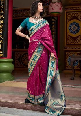 Red Woven Design Poly Blend Saree Set With Blouse