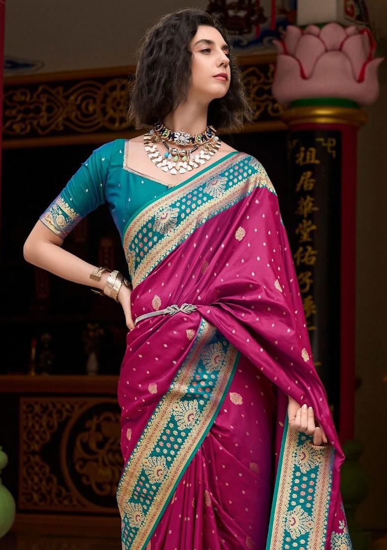 Red Woven Design Poly Blend Saree Set With Blouse