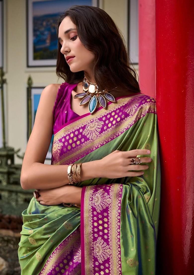Green Woven Design Poly Blend Saree Set With Blouse