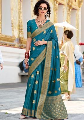 Blue Woven Design Poly Blend Saree Set With Blouse
