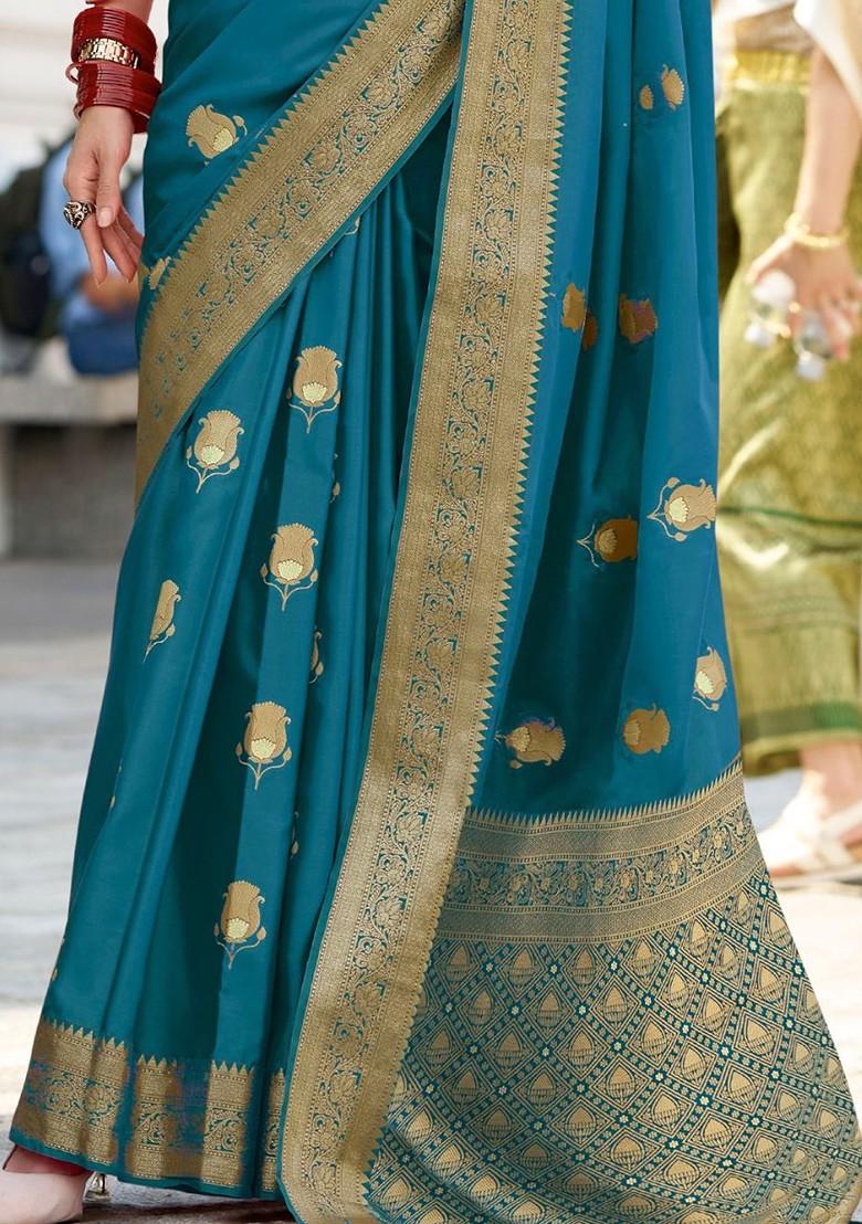 Blue Woven Design Poly Blend Saree Set With Blouse